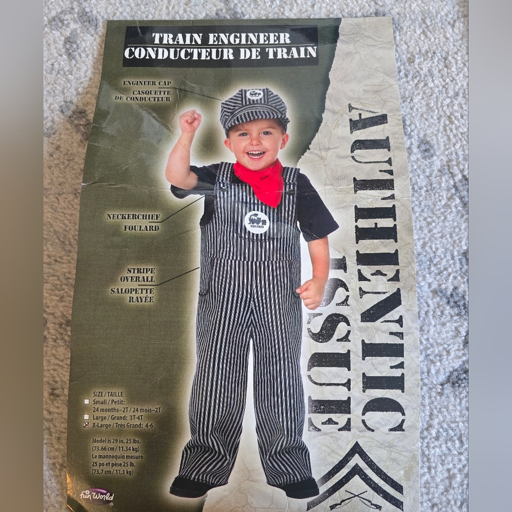 NEW IN PACKAGE Train Engineer Costume. Overalls,  Hat And Hanky. Size 4-6